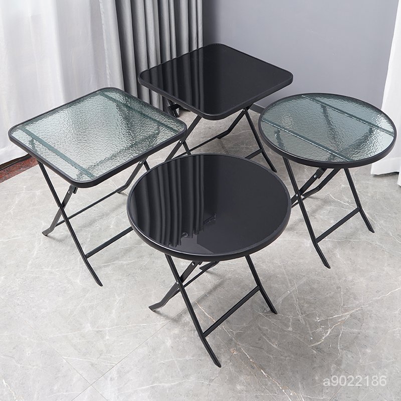 免運速發#折疊桌網紅陽台小桌子家用圓桌鋼化玻璃簡易小型餐桌茶幾戶外桌椅