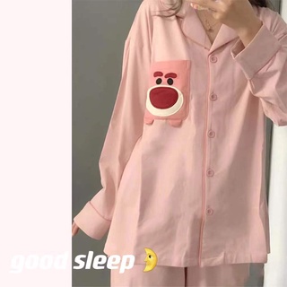 🔆小甜甜日系美衣 甜美家居服睡衣女春秋季新款卡通迪士尼草莓熊長袖純棉可愛家居服套裝可外穿