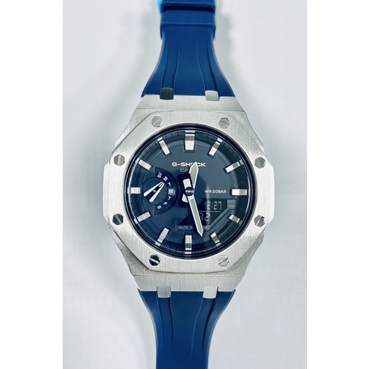 台灣公司貨G-SHOCK GA-2110ET 海軍藍改裝五代全銀金屬外殼+藍色橡膠錶帶（蝴蝶扣）也可客製化服務