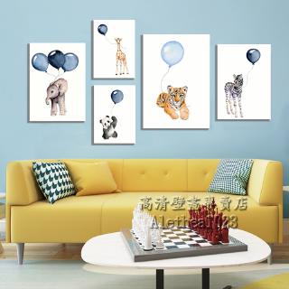實木框畫 可愛動物 藍色氣球 長頸鹿 大象 北歐ins油畫水墨居家裝飾畫 客廳掛畫壁貼 兒童房壁畫 生日禮物 無框畫