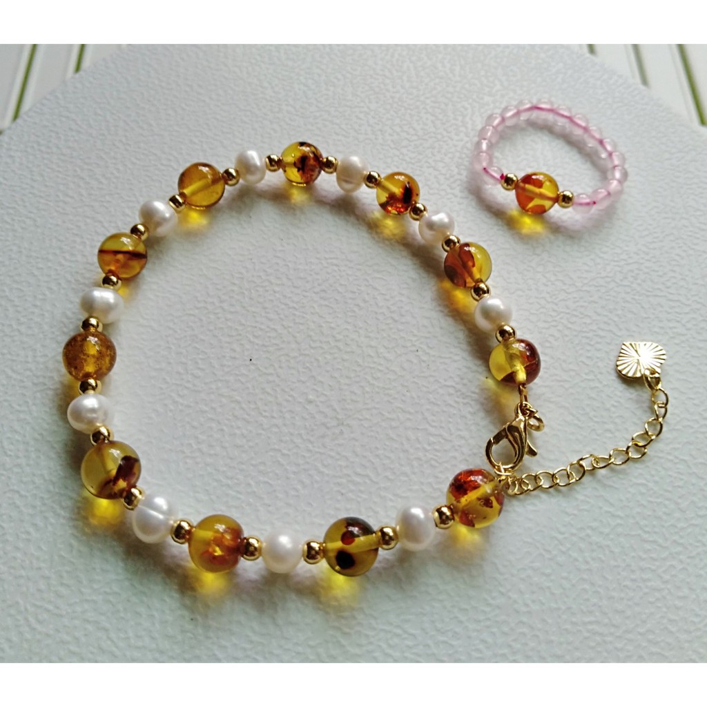 波羅的海琥珀 天然花珀+淡水珍珠 手串、手串、手鍊、戒指 (粉晶戒圈) amber 無優化