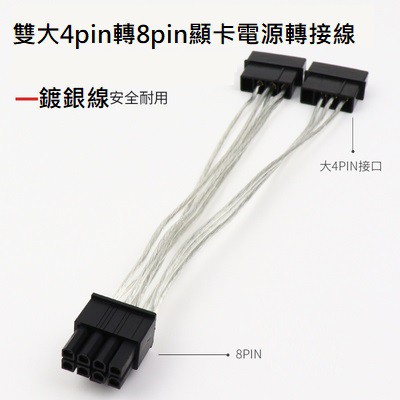 [現貨在台]鍍銀線 雙大4pin 轉 8pin-6pin (6+2pin)PCI-E 顯卡 顯示卡 電源轉接線 發燒線