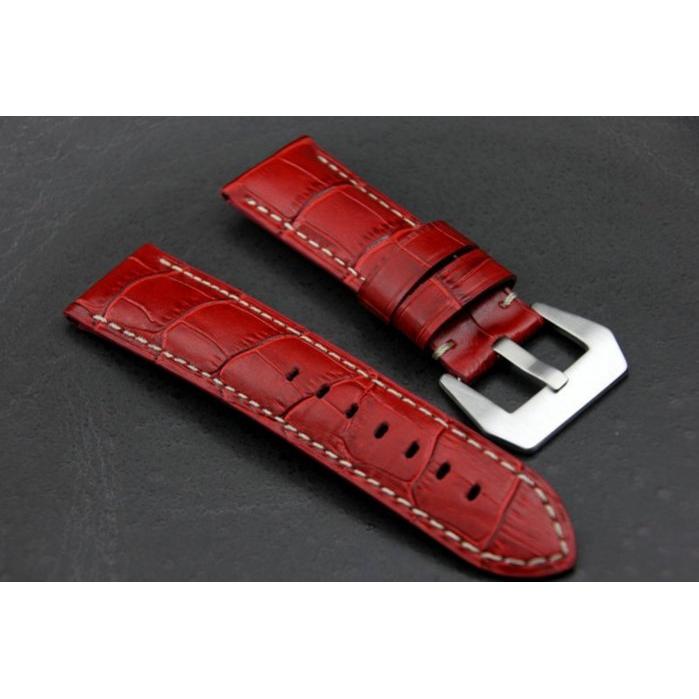 24mm收22mm沛鈉海的新衣～紅色高質感可替代pan erai原廠錶帶之壓鱷魚皮紋真牛皮錶帶～～白線