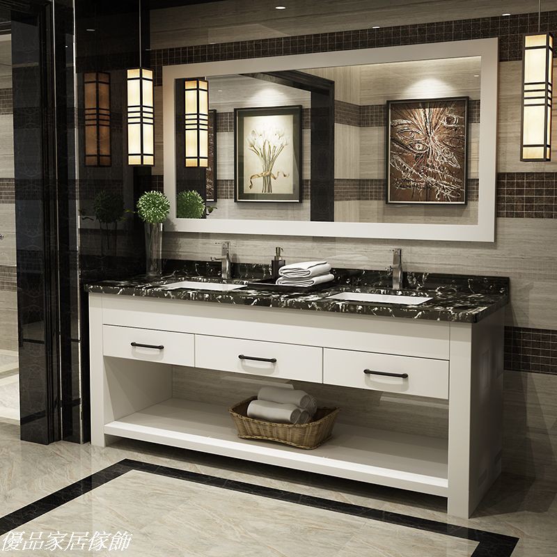 歐式時尚單雙盆大理石實木落地型浴櫃 現代簡約浴室實木洗手台 洗臉盆 蝦皮購物