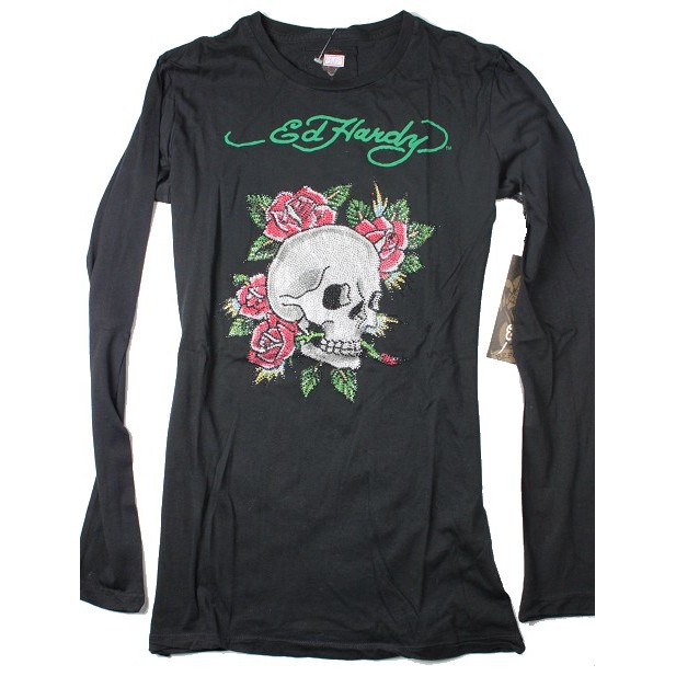 Ed Hardy 女長袖 T 恤 貼鑽 玫瑰骷顱 微風 刺青潮牌 黑色 S M 【以靡正品 imy88.com】