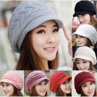 韓版時尚女士秋冬天針織鴨舌帽子 毛線帽 兔毛帽 潮冬季雙箭保暖護耳帽 JAOO