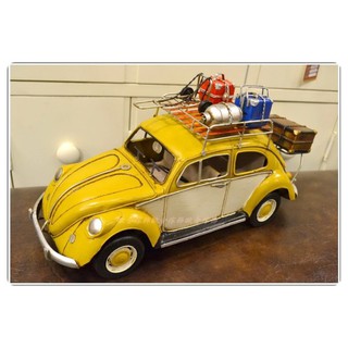 金屬黃藍色福斯露營車金龜車行李箱 復古手工鐵皮模型schuco舒克老爺車Volkswagen車頂架行李架老件