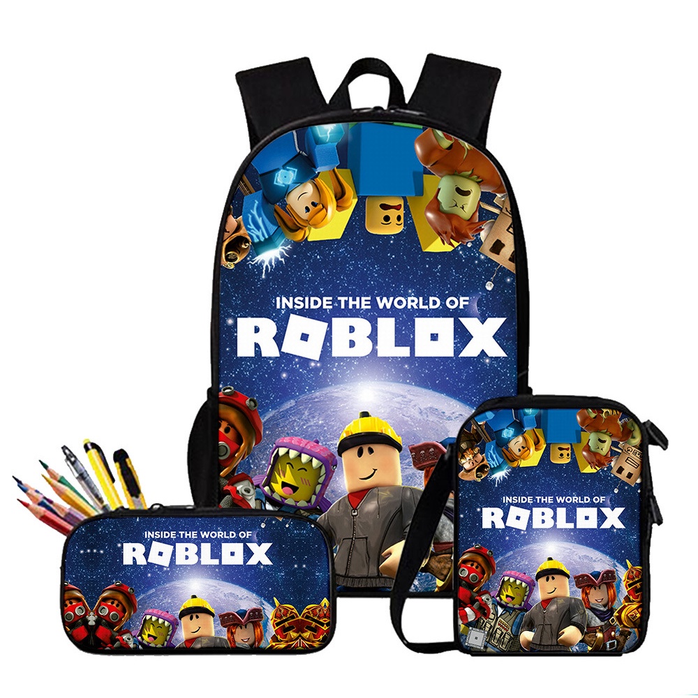 Roblox 青少年學生背包 3 件套韓國卡通定製書包防水面料容量手提包鉛筆袋