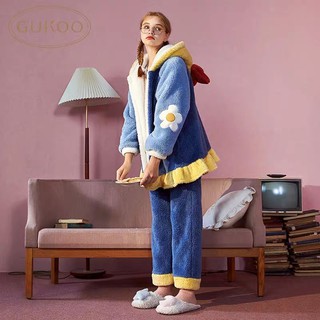 現貨黃色女套裝L號Gukoo/果殼白雪公主睡衣女秋冬珊瑚絨睡衣女長款睡衣家居服套裝