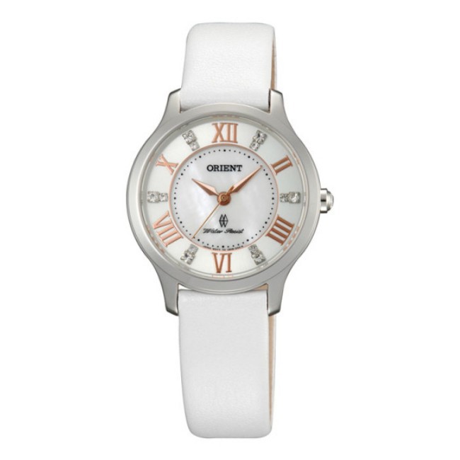 ORIENT東方錶 超薄優雅藍寶石鏡面石英錶 皮帶款 白色 FUB9B005W