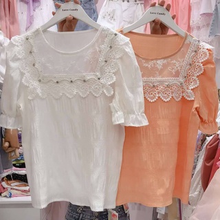 扉娜VINASHOP 韓系甜美重工珍珠水鑽蕾絲拼接上衣