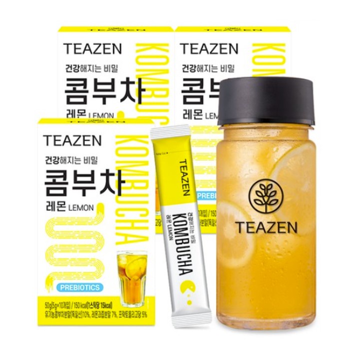 TEAZEN 康普茶檸檬 30 棒 + 瓶 (350ml) / 無糖益生元低熱量 / 來自韓國首爾