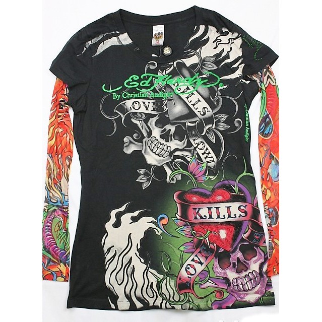 Ed Hardy 女長袖 T 恤 貼鑽 愛心骷顱 假刺青衣袖 黑色 XS 【以靡專櫃正品 imy88】