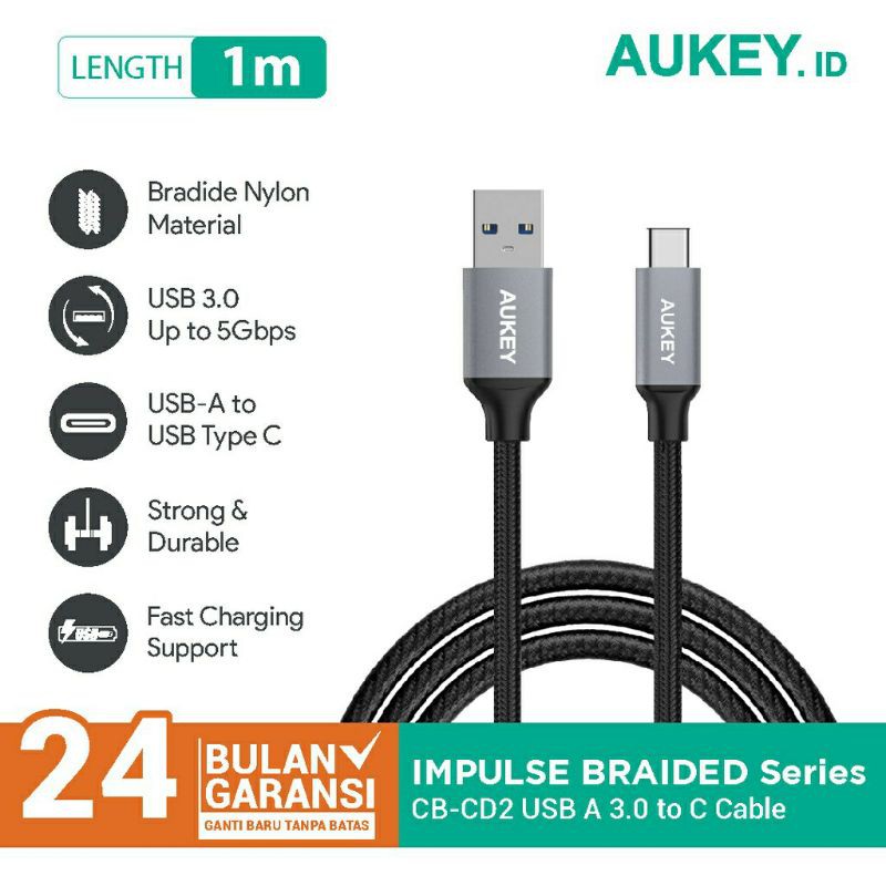 Aukey USB A 轉 C 編織充電器電纜 1m CB-CD2