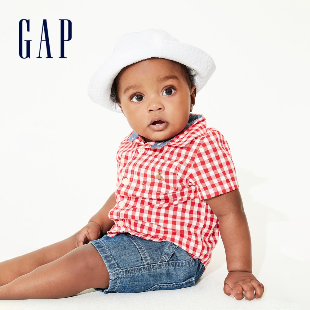 Gap 嬰兒裝 時尚格紋翻領短袖襯衫-正紅色(577223)