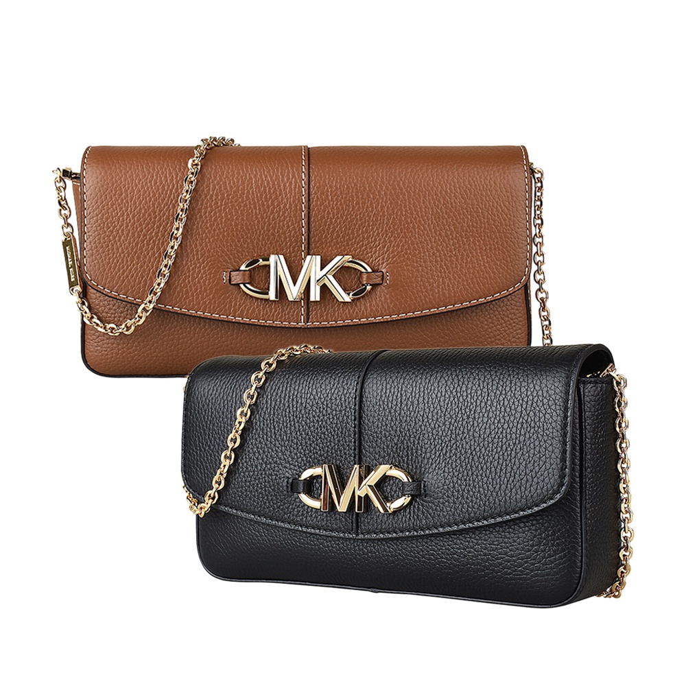 MK MICHAEL KORS IZZY金字LOGO荔枝紋牛皮扣式鏈帶斜背手拿包(大/二色)