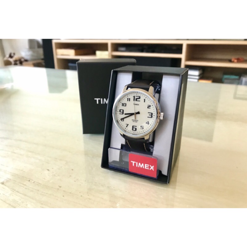 TIMEX INDIGLO 清晰時刻冷光指針錶-米白x咖啡/43mm-T28201  附原廠盒裝證明 ［二手近全新］