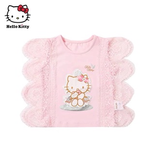 正品 Hello Kitty官方童装女童 夏蕾絲圓領短袖T恤棉個性上衣 童裝