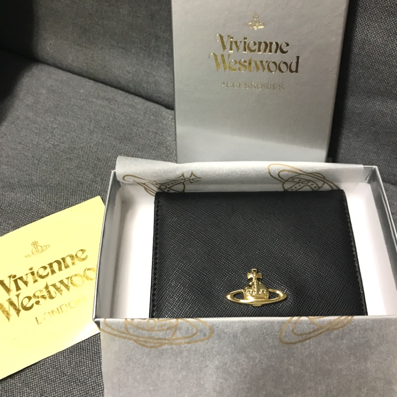 正品Vivienne Westwood 全新黑色土星logo牛皮卡夾 卡套 全套配件 送禮自用2廂宜