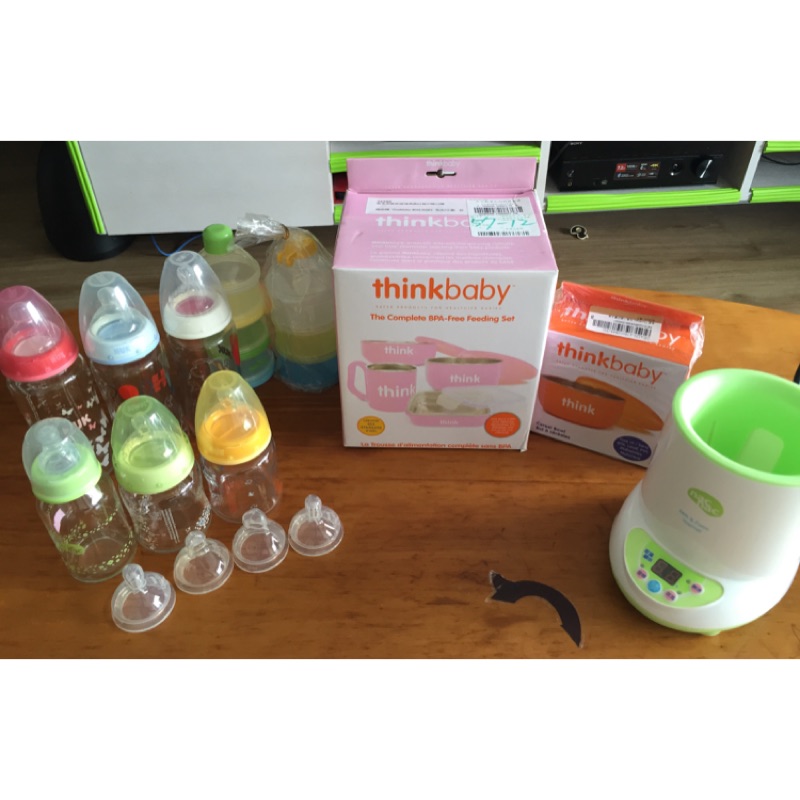 Nuk 玻璃奶瓶組+美國 ThinkBaby 無毒不鏽鋼兒童餐具組 +nac溫奶器