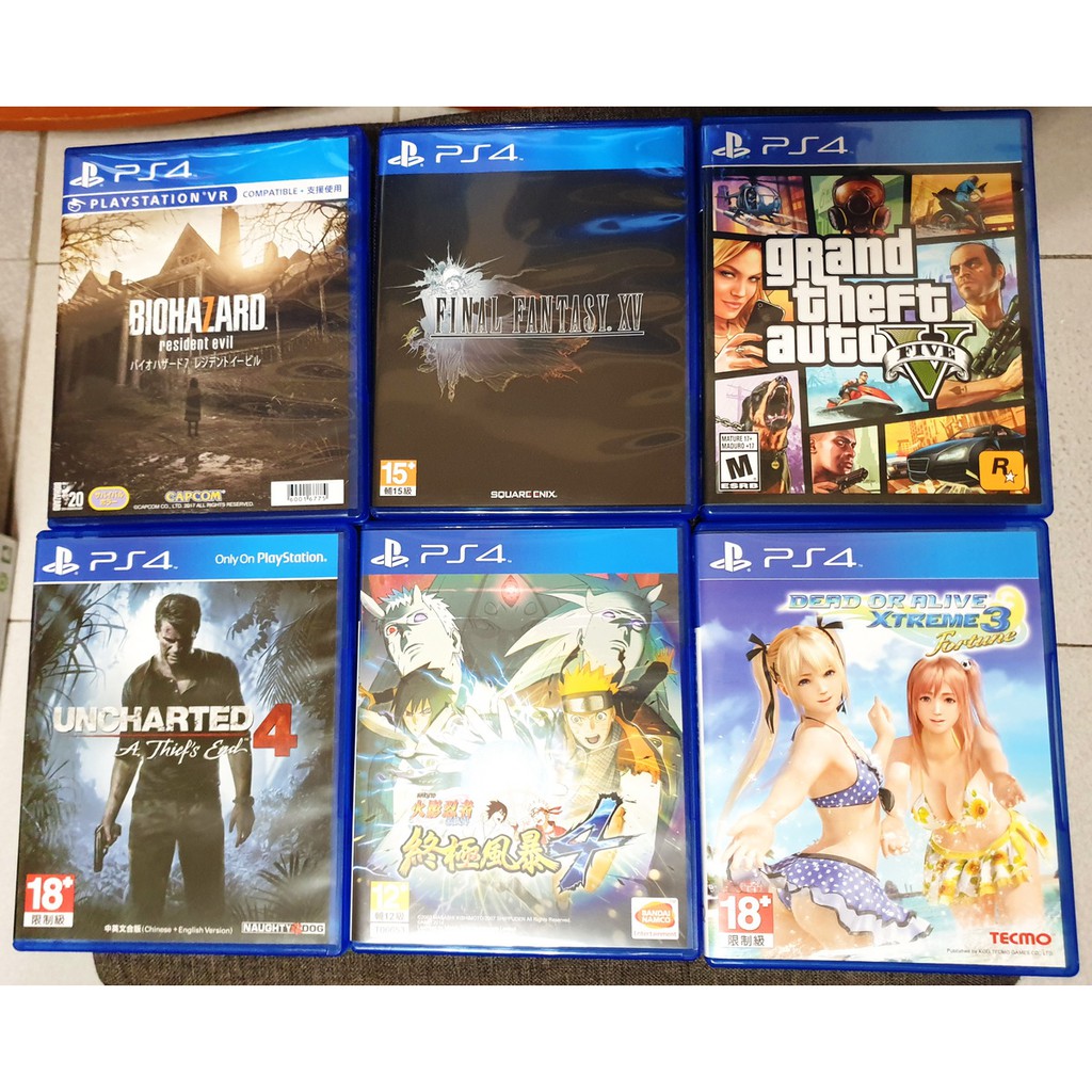 PS4遊戲: GTA5, FF15, 秘境探險4, 惡靈古堡7, 火影忍者終極風暴4, 沙灘排球3