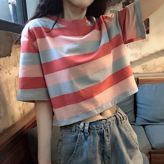 [嬌戀主角] 新款韓版寬鬆條紋短袖t恤 學院風短版露臍上衣