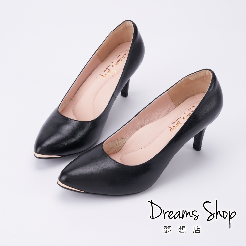 DREAMS SHOP MIT真皮減壓金屬V扣氣墊尖頭高跟鞋8cm 黑色【HC9209-A31】大尺碼女鞋37-44