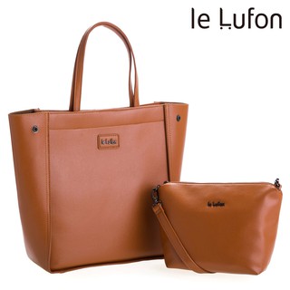 【le Lufon】棕色荔枝紋皮革大容量靈活版型兩用肩提子母包(L) 兩用包 托特包（棕／灰二色)