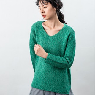 O-LIWAY 臺灣製MIT V領彩色點點長袖針織上衣- 湖綠