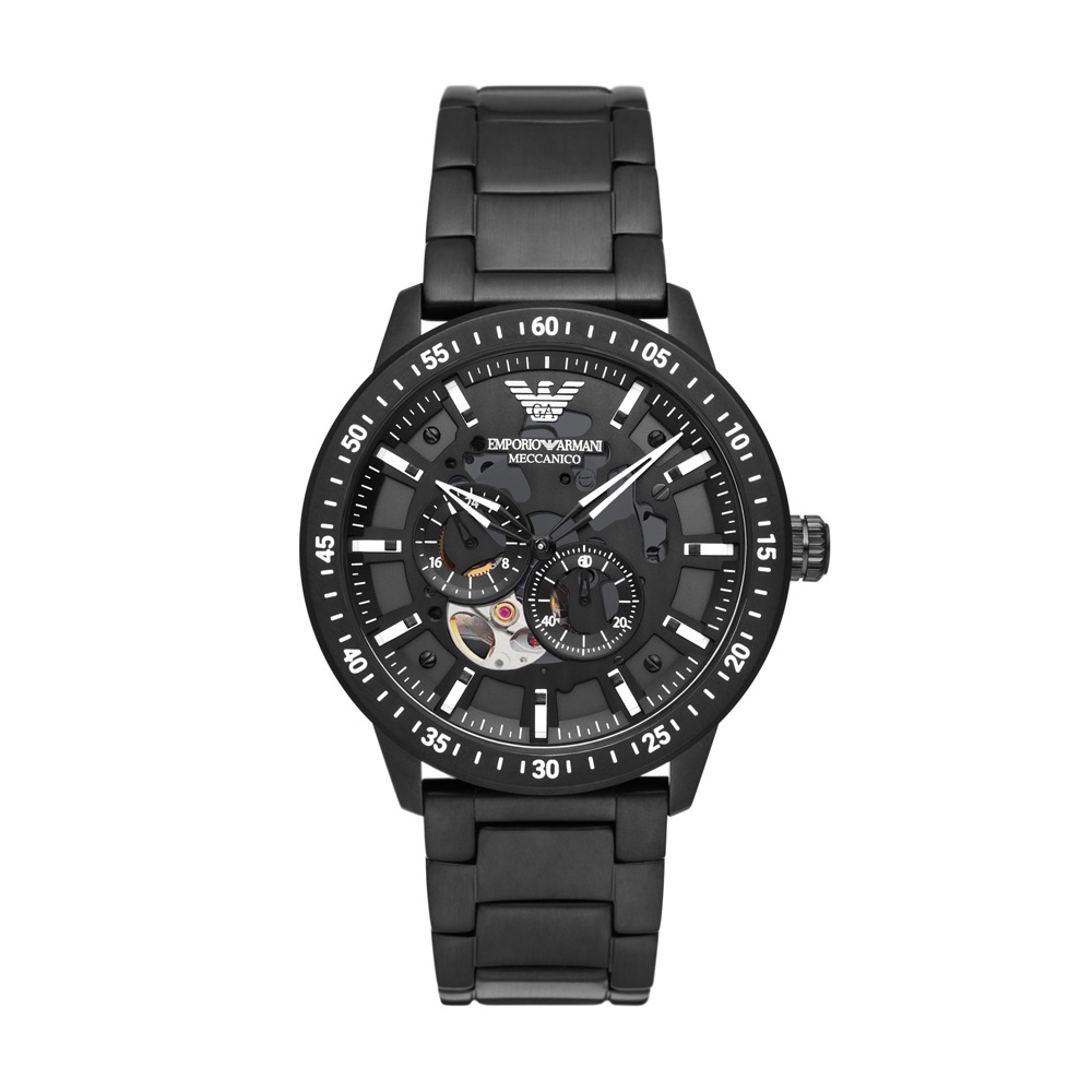 EMPORIO ARMANI Meccanico系列 亞曼尼個性時尚鏤空機械男腕錶-黑(AR60054)