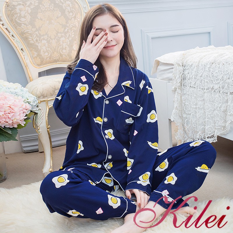 【Kilei】女生睡衣 睡衣套裝  家居服 可愛荷包蛋襯衫領全開釦長袖二件式睡衣組XA4358(休閒深藍色)全尺碼