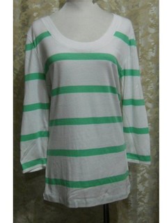 ~麗麗ㄉ大碼舖~大尺寸L-XL(40-42吋)綠/白色條紋大圓領七分袖彈性上衣~加大碼~