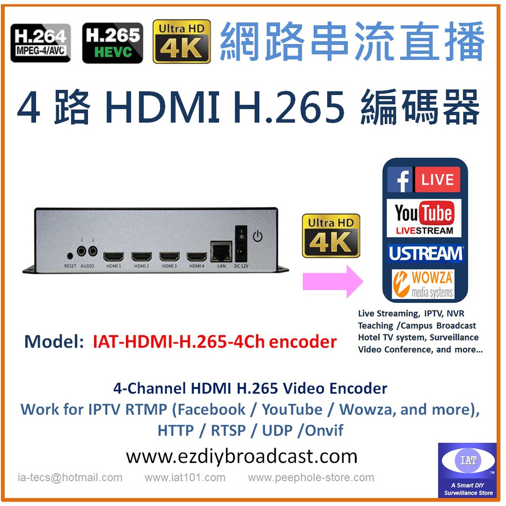 直播編碼器 4路 HDMI 1080P H.264 及 H.265 RTSP ONVIF 串流 IPTV YT 臉書直播