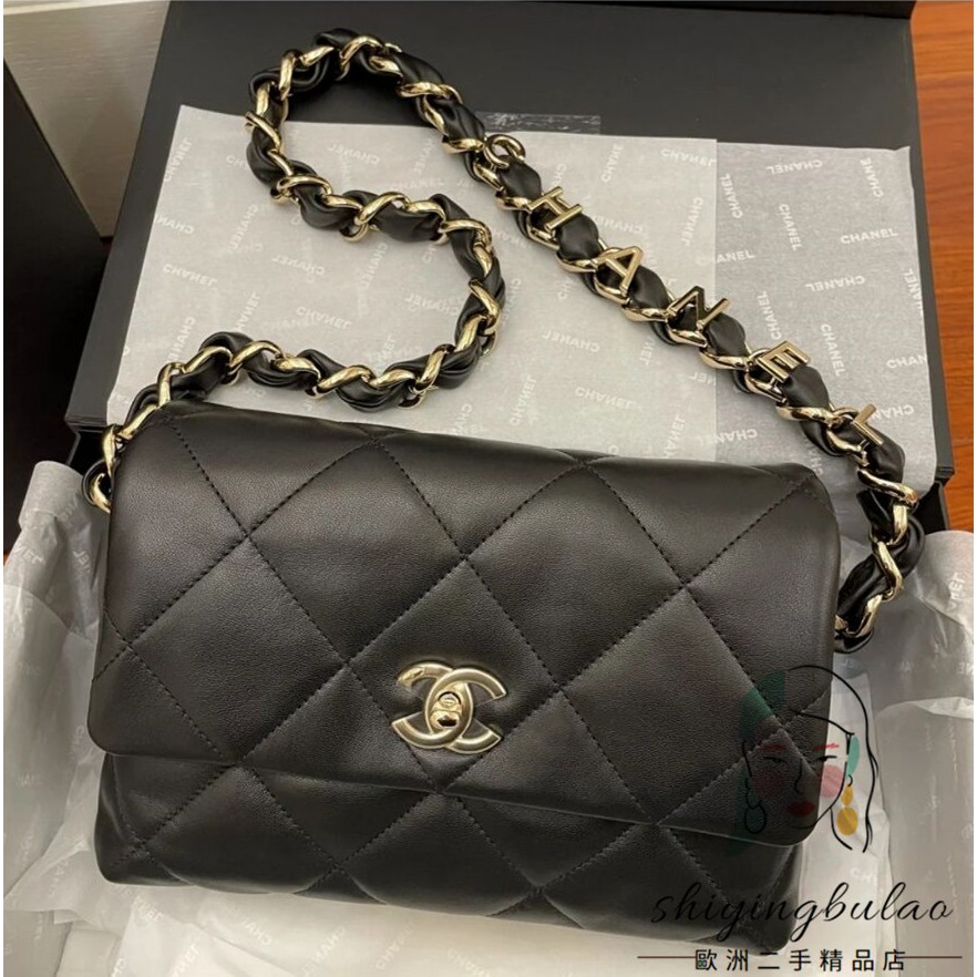 二手正品chanel 黑色羊皮全皮背帶英文字母釦淡金釦釦式翻蓋肩背包手提包as2299 蝦皮購物