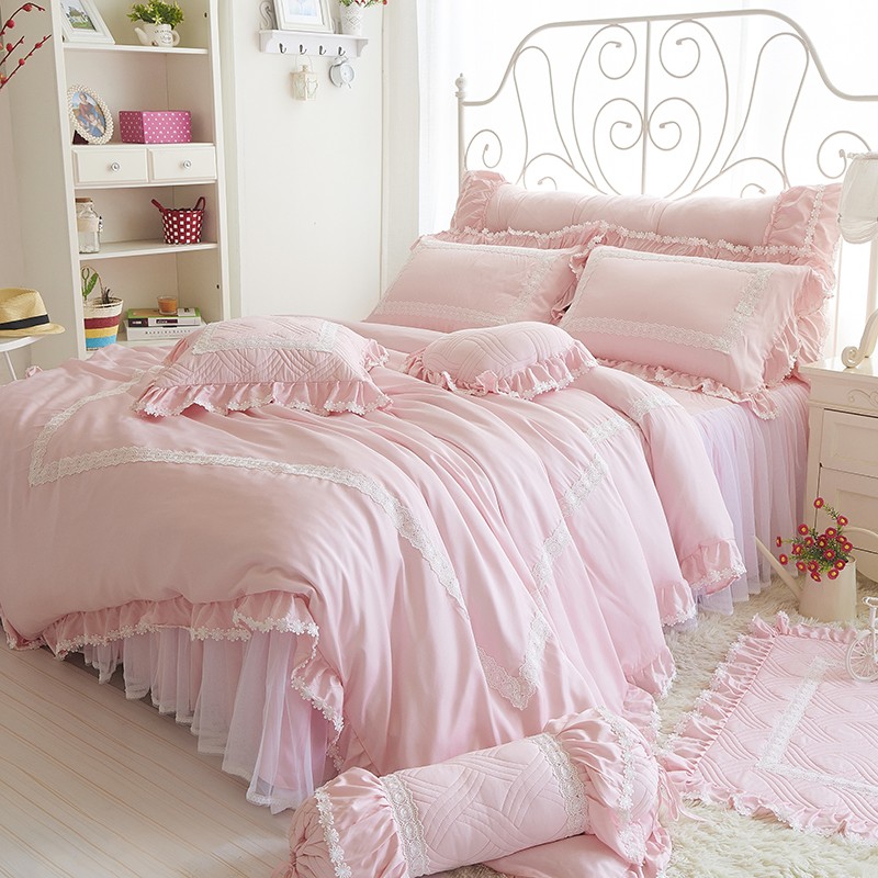 天絲床罩組 清新 粉玉 100%天絲 蕾絲床罩組 床裙組
