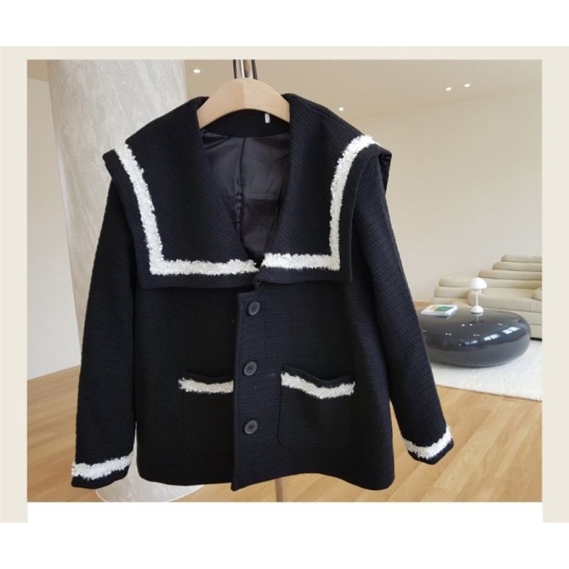 設計款娃娃領海軍風水手服英倫學院風黑白滾邊輪廓設計粗花毛料短大衣大翻領西裝外套
