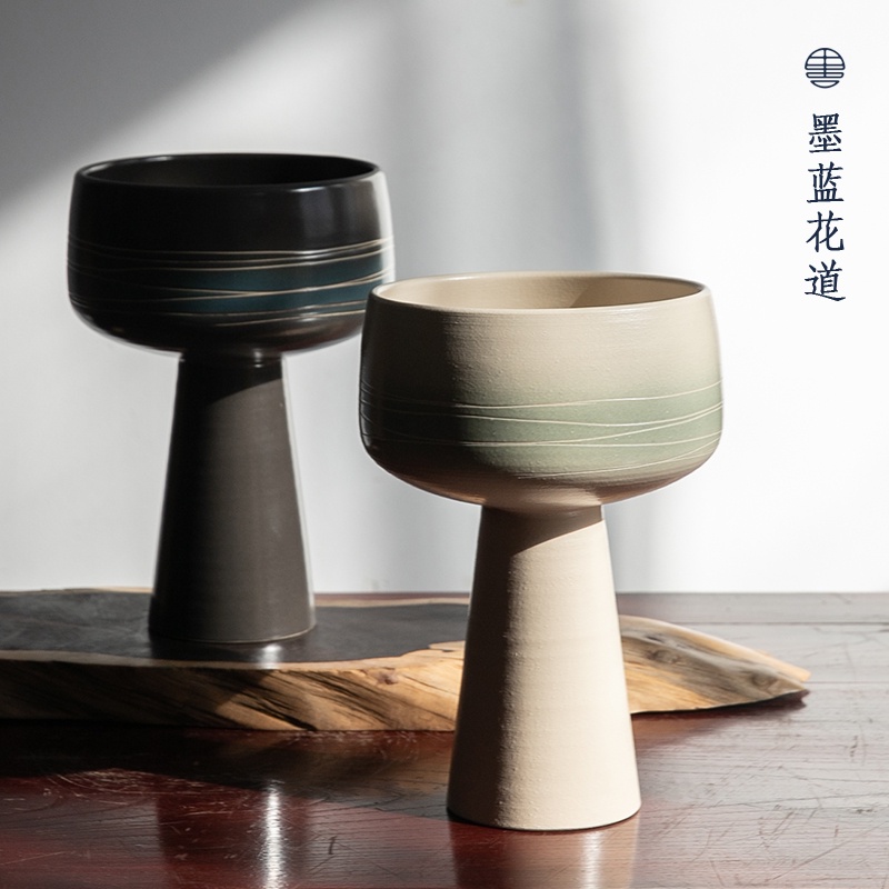日本進口萬古燒陶瓷高腳彩繪花器 禪意池坊日式中式插花器皿
