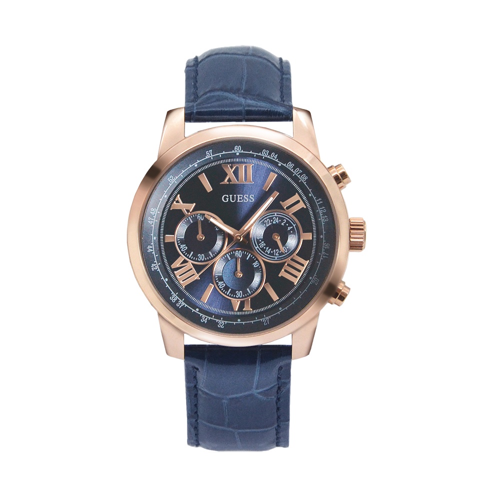 輕微瑕疵出清特賣｜GUESS原廠平輸手錶 | 經典多功能造型男錶 - 藍x玫瑰金 W0380G5