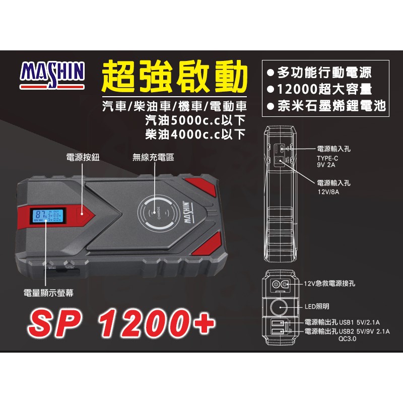 【彰化員林翔晟電池】麻新電子 SP1200+ 多功能/超強啟動/12000超大容量救車行動電源 汽油/柴油/機車適用