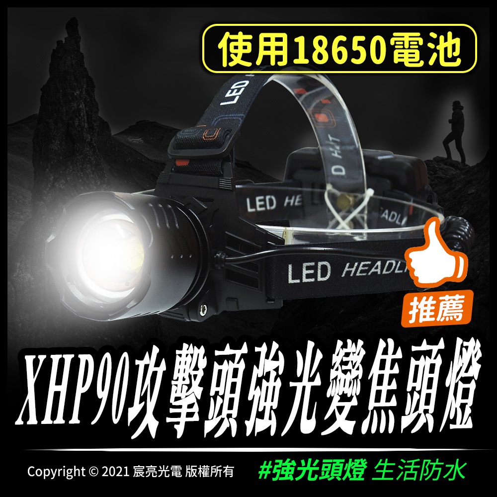 XHP90攻擊頭強光變焦頭燈｜伸縮變焦｜18650｜照明頭燈｜登山｜釣魚｜防水｜1800流明｜