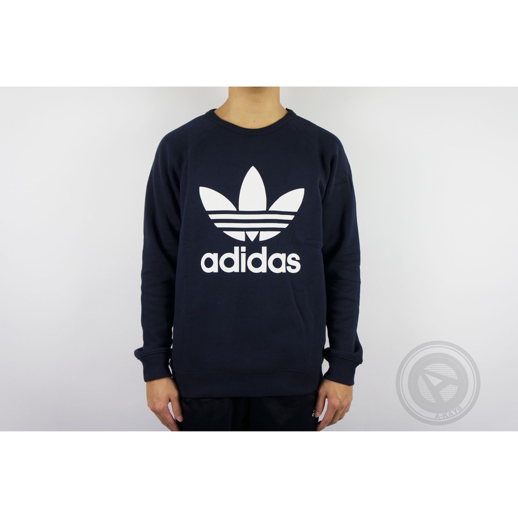 【A-KAY0】ADIDAS 男女 TREFOIL CREW 內裡刷毛 棉T 深藍【BQ7519】