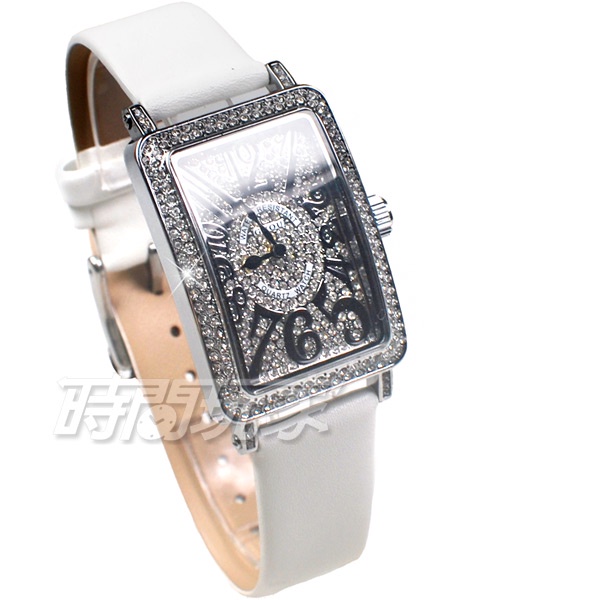 香港古歐 GUOU 閃耀時尚腕錶 G8201銀白 滿鑽數字錶 長方型 真皮皮革錶帶 銀x白【時間玩家】
