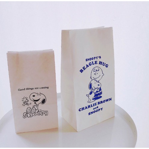 🛒現貨 日韓自製款史努比粉嫩手繪插畫 白色牛皮紙袋 禮物包裝袋 (四款圖案)