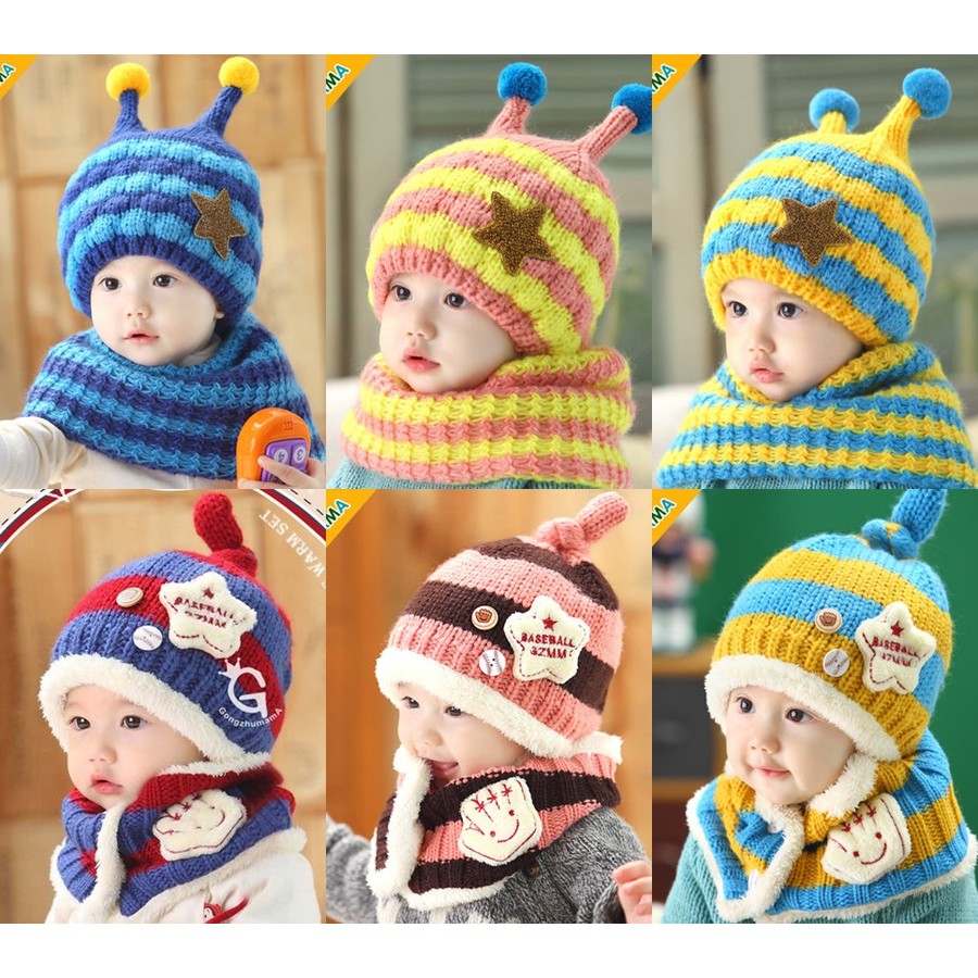 韓版男女童寶寶帽子秋冬嬰兒帽子0~4歲兒童保暖內裡加絨毛線帽(帽子+圍巾)