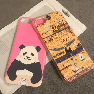 iPhone 7 塑膠手機殼 粉紅熊貓喝咖啡/古埃及圖騰壁畫