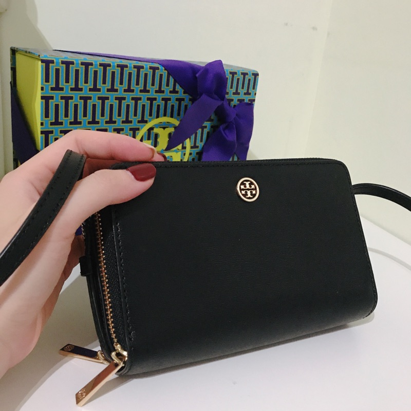 TORY BURCH TB 黑色雙拉鍊皮革迷你斜背包 美國outlet 帶回 防刮皮革 時尚雙拉鍊 小方包 拉鍊包