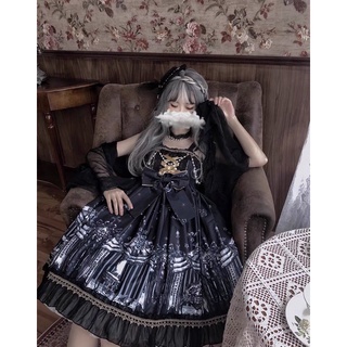 預購*lolita 暗黑歌德蘿莉塔十字架印花金色蕾絲吊帶裙+蕾絲內搭 復古 日系 哥特 萬聖節 聖誕節 軟妹 洋裝