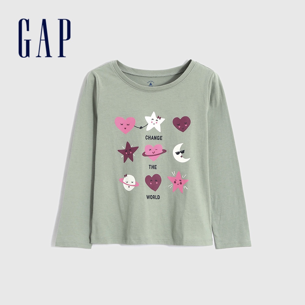 Gap 女幼童裝 純棉長袖T恤-淺綠色(425869)