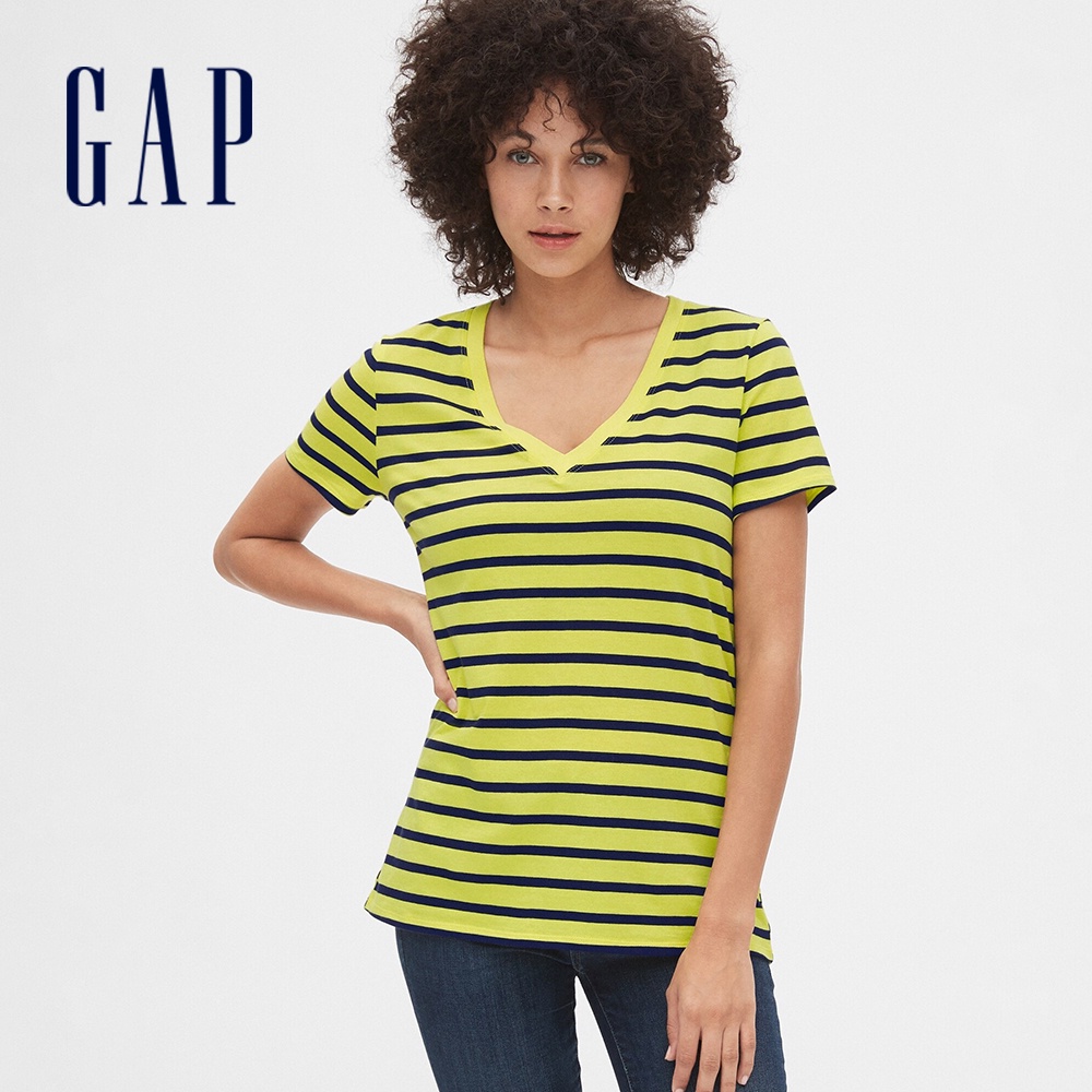 Gap 女裝 清爽條紋V領短袖T恤-藍黃條紋(373627)