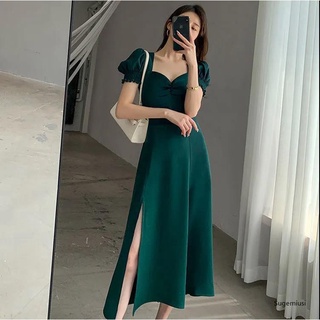 合身顯瘦 女生長版上衣 連身洋裝 洋裝女長裙夏新款泡泡袖方領赫本風法式甜美復古a字開叉裙%棉